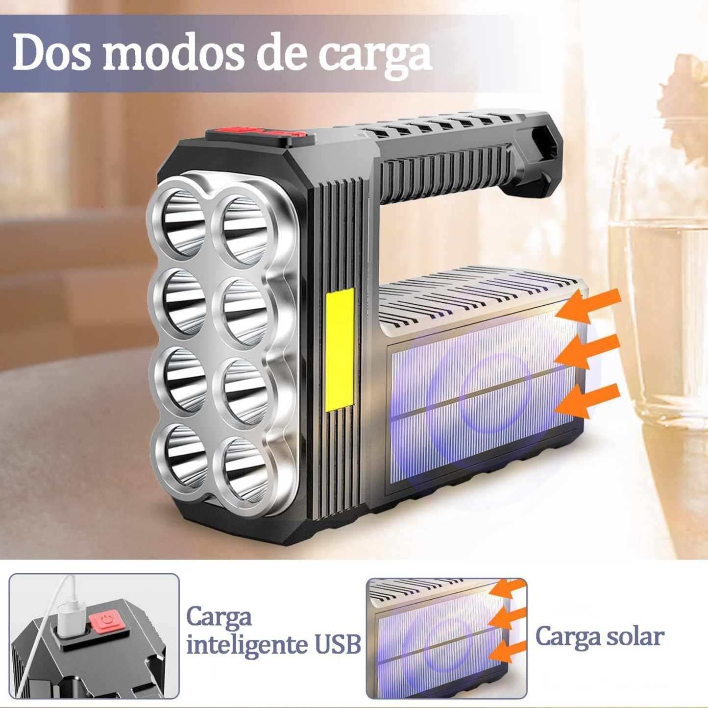 Lámpara Solar 8 LEDs COB – Iluminación Potente, Recargable y con Sensor Automático